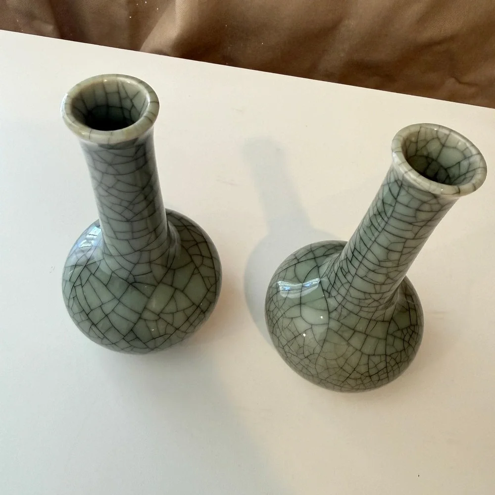 Antique Chineses Celadon Crackle Glaze Bud Vase Set of 2 Long Neck Ceramic